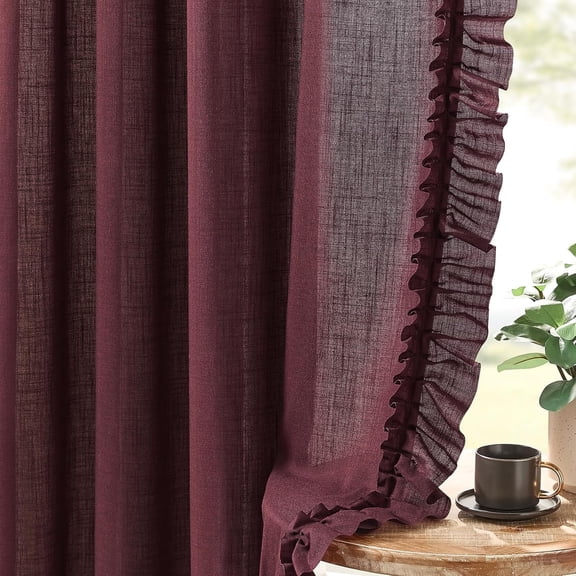 Burgundy Linen Curtains 2 Panels Set W58 x L84 - Boho Farmhouse Ruffle Scalloped Semi Sheer Drapes with Rod Pocket for Bedroom