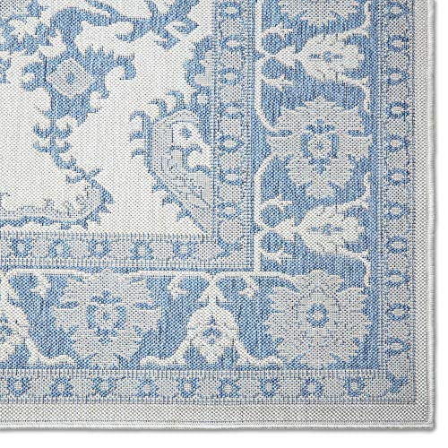 Nicole Miller New York Patio Country Ayana Transitional Border Indoor/Outdoor Area Rug, Grey/Blue, 5'2"x7'2"