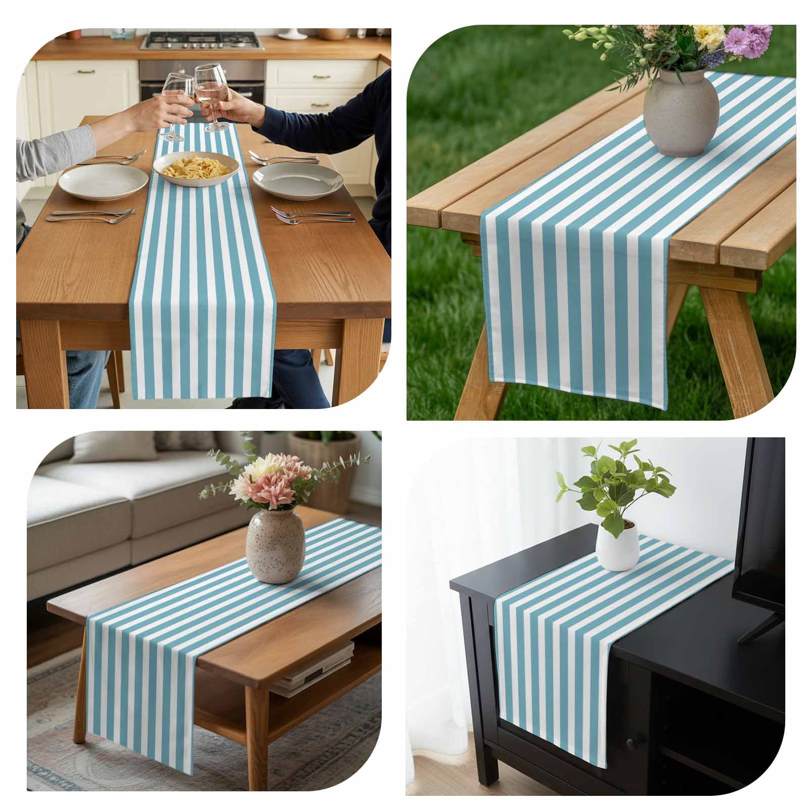 Cyan and White Striped Table Runner 13x120 inch Gradient Cotton Linen Dining Table Runner Ideal for Dresser Kitchen Coffee Tables - Machine Washable