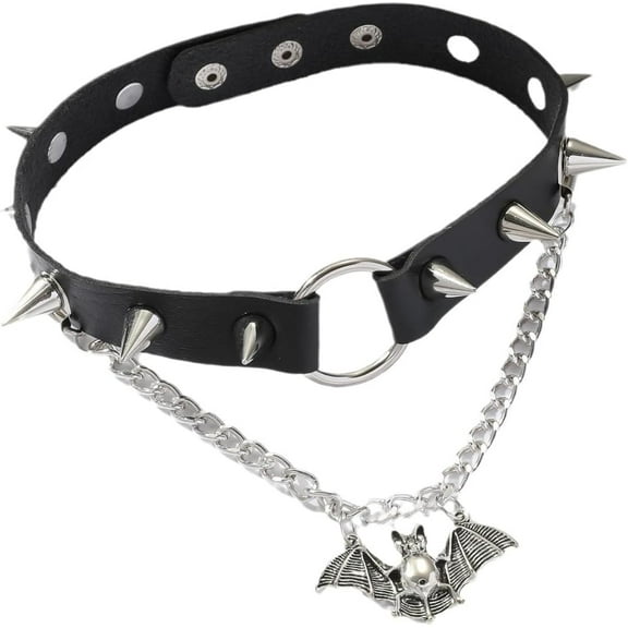Gothic Bat Pendant Choker Necklace for Women Black PU Leather Spiked Collar with Chain Cool Punk Halloween Costume Accessory Jewelry
