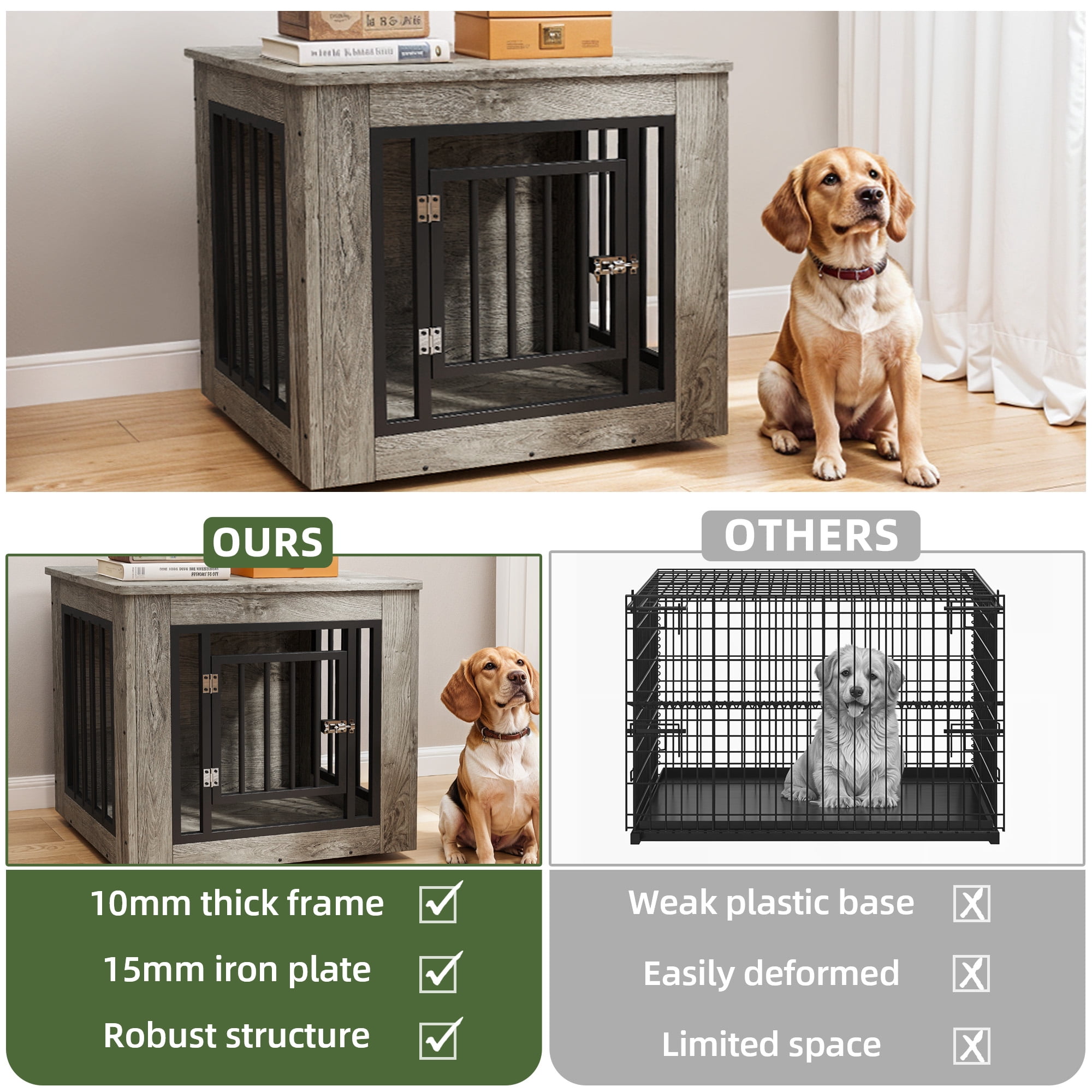 Uforic 2-in-1 Dog Crate Furniture, 27 in Wooden Indoor Dog Cage Table with Steel Lock & Waterproof Top,Gray