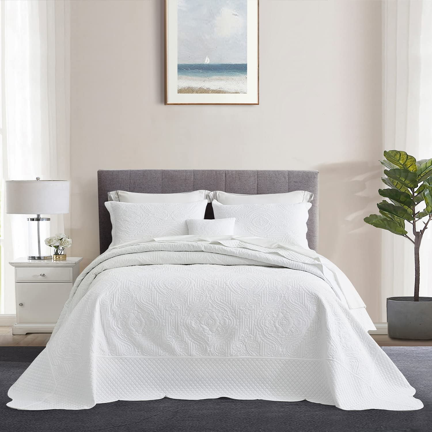 Oversized King Bedspread White, Ultrasonic Coverlet Bedding Set,  Lightweight Thin Comforter, Reversible, 4 Piece, 100% Microfiber, King/Cal  King, White - Walmart.com