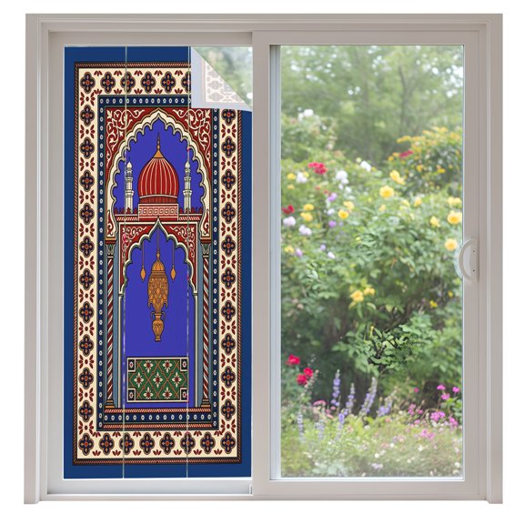 Archway Columns Window Privacy Film Vintage Ethic Traditional Blue Red Castle Symmetrical Decorative Glass Window Film UV Blocking Static Cling Sticker Covering for Home Door 35.4x78.7 inches