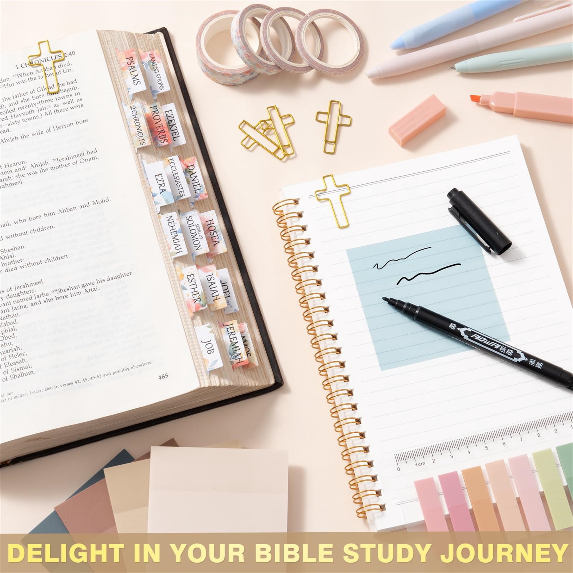 Bible Cover Case with Bible Study Supplies Journaling Kit, Bible Study Tool w/Pastel Highlighter Pen, Pencil Case Notebook Annotation Kit Accessories Set, Christian Gifts for Women (Pink)