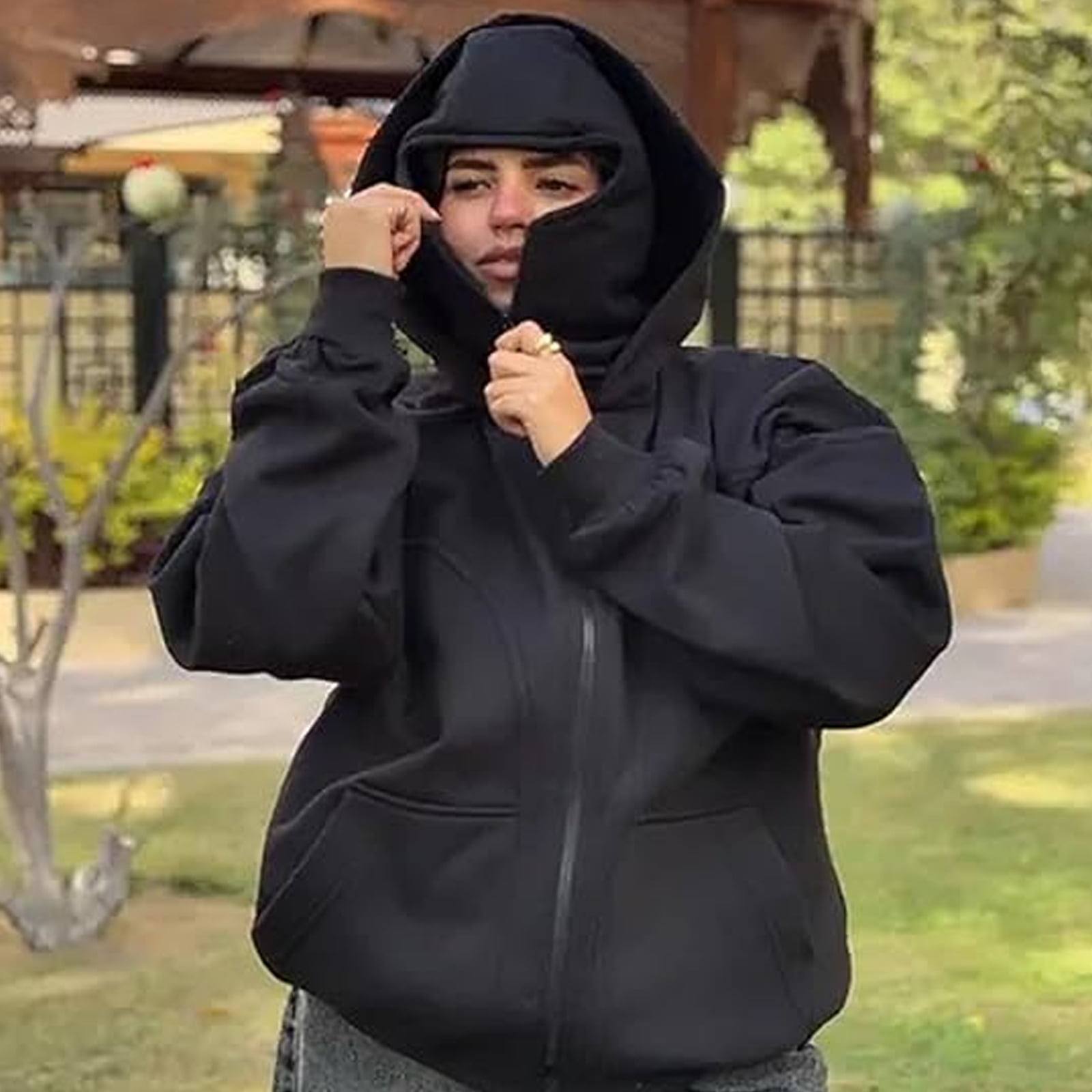 Homeyce Balaclava Ninja Zipper Hoodie with Face Mask Zip Up Hoodies Double Hooded Wind-Resistant Hooded Coat Balaclava Warm Sports Casual Bicycle Streetwear,Gray M