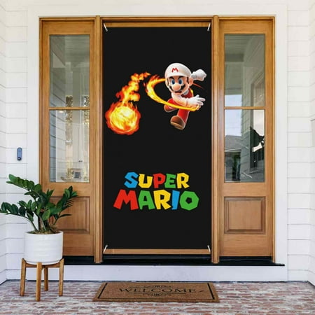 Super Mario Logo Door Cover Decorated Banner Tapestry Home Decoration Holiday Party Supplies Door Banner Porch Sign Banner 72.8 x 35.4 Inch