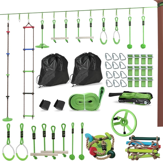 CoSoTower Obstacle course for Kids, with 10-Piece Slackline Kit with Monkey Bars, Gym Rings, Rope Ladder, Nest Swing, Hanging Tray