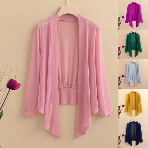 Hueook Flowy Cardigan Casual Shrugs Sweaters Ladies Casual Loose Blouses Top Long Sleeve Mesh Cardigan Hot Pink 5X
