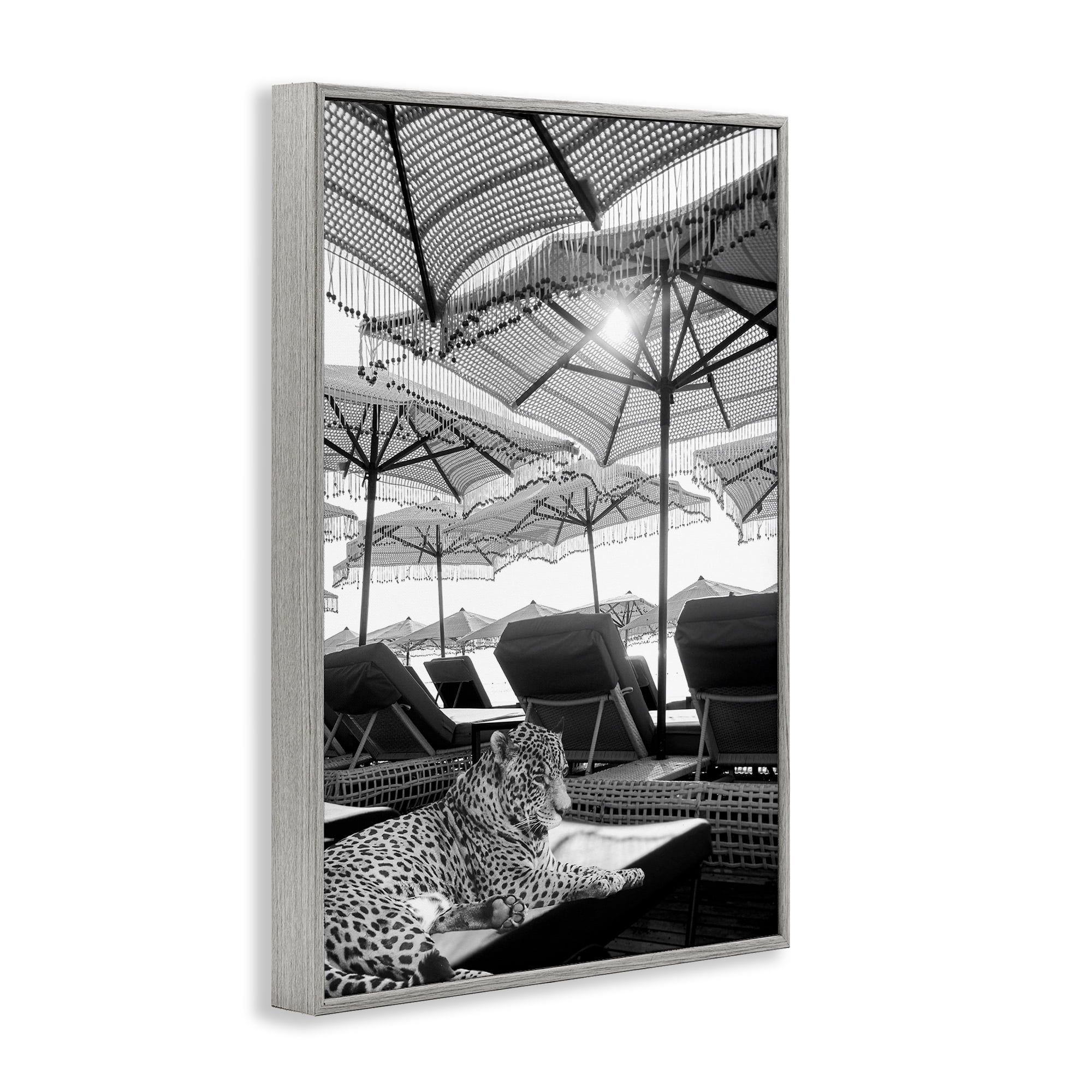 Stupell Industries Leopard On Tropical Vacation Gray Framed Giclee Art, design by Grotto Studios