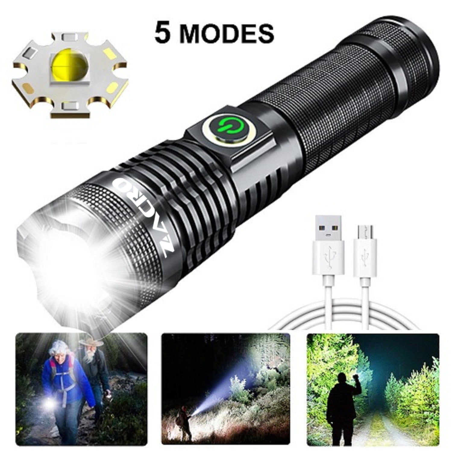 100000 Lumens Rechargeable Flashlight, Searchlight Super Bright Powerful LED Flashlight 5 Modes Zoom Torch for Emergency Hiking Hunting Camping Sport (Battery Included) - Walmart.com