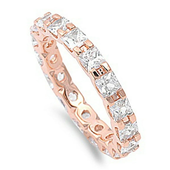 CHOOSE YOUR COLOR Rose Gold-Tone Eternity Square Clear CZ Ring 925 Sterling Silver Band White Female Size 5