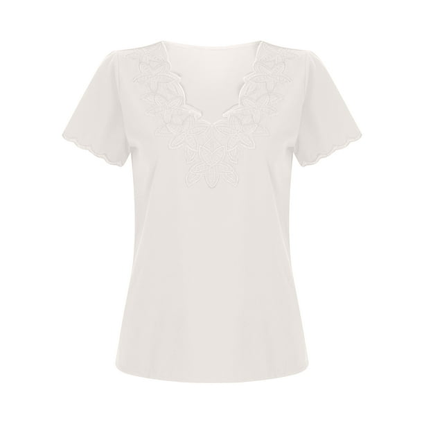 Womens Short Sleeve Lace Embroidered Blouse Top T Shirts V Neck