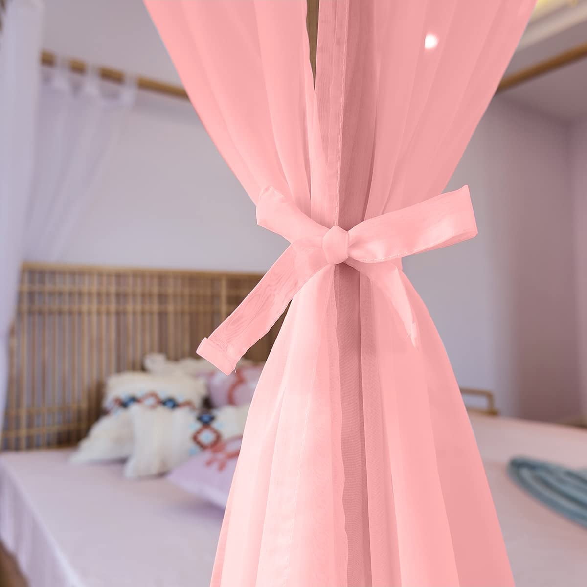 Sheer Bed Curtains For King  Queen Full And 4 Corner Canopies & Drapes Four Poster Beds Pink