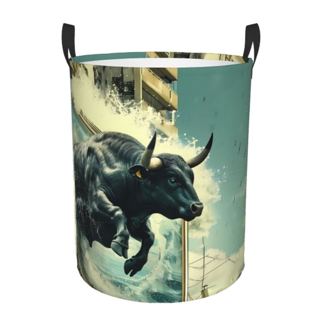 Balery Bull Charging Through Waves Cesta de ropa redonda con asas, impermeable, independiente, para ropa, juguetes, dormitorio y familia-Small