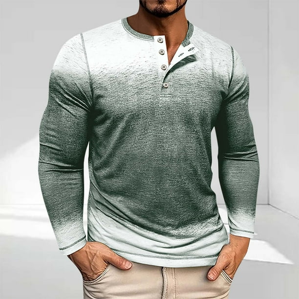 Blusas y camisas de manga larga con cuello redondo y degradado para hombre, blusas casuales con botones y cuello redondo, blusas de poliéster para hombre