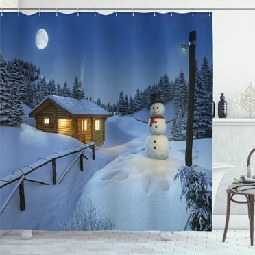 Ambesonne Winter Shower Curtain, Rustic Wood Cottage, 69"Wx84"L, Blue White