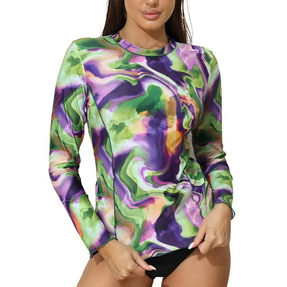BeautyIn Rush Guards For Women Long Sleeve Rashguard Swimsuit Round Neck Fluid Style Close-fitting Hemming Swimwear Sun Protection