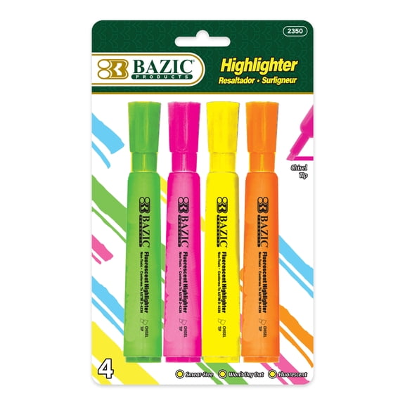 BAZIC Highlighter Assorted Color Desk Style, Chisel Tip, Unscented (4/Pack), 1-Pack