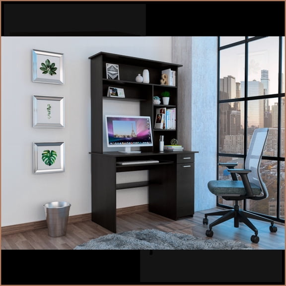 Desks | Compu 180 Hutch Desk with Shelves, Keyboard Tray, Drawer - Black | Particle Board