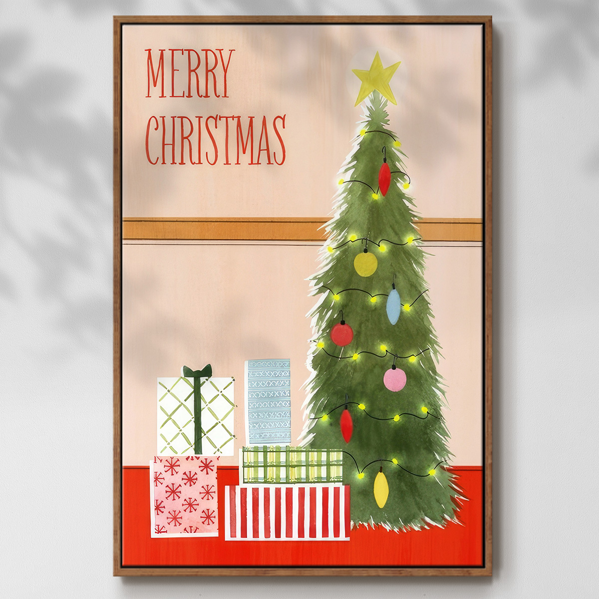 Christmas Stockings Collection B - Framed Gallery Wrapped Holiday Canvas - 17 x 25 - Rosewood Frame
