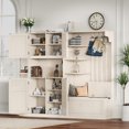 thumbnail image 3 of L-Shaped Hall Tree with Storage and 4 Hooks, Multifunctional 2-in-1 Mudroom Storage Organizer with Bench, Center Storage Open Cabinets for Living Room, Kitchen and Hallway, Beige, 3 of 9