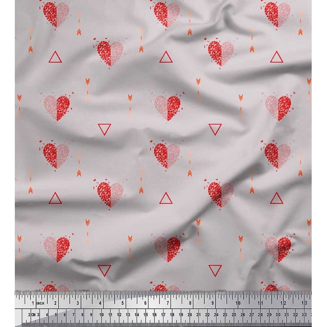 Soimoi Gray Poly Georgette Fabric Triangle & Arrow Heart Decor Fabric Printed Yard 52 Inch Wide