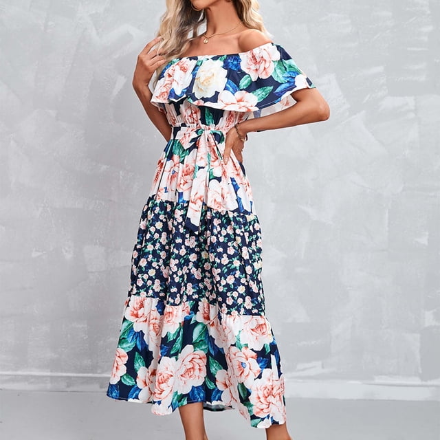 Fankiway Été Femmes Imprimé Bustier à Manches Courtes une Seule Pièce Robe de Cou Plus des Robes de Taille pour les Femmes Courbes Robes de Printemps pour les Femmes 10702