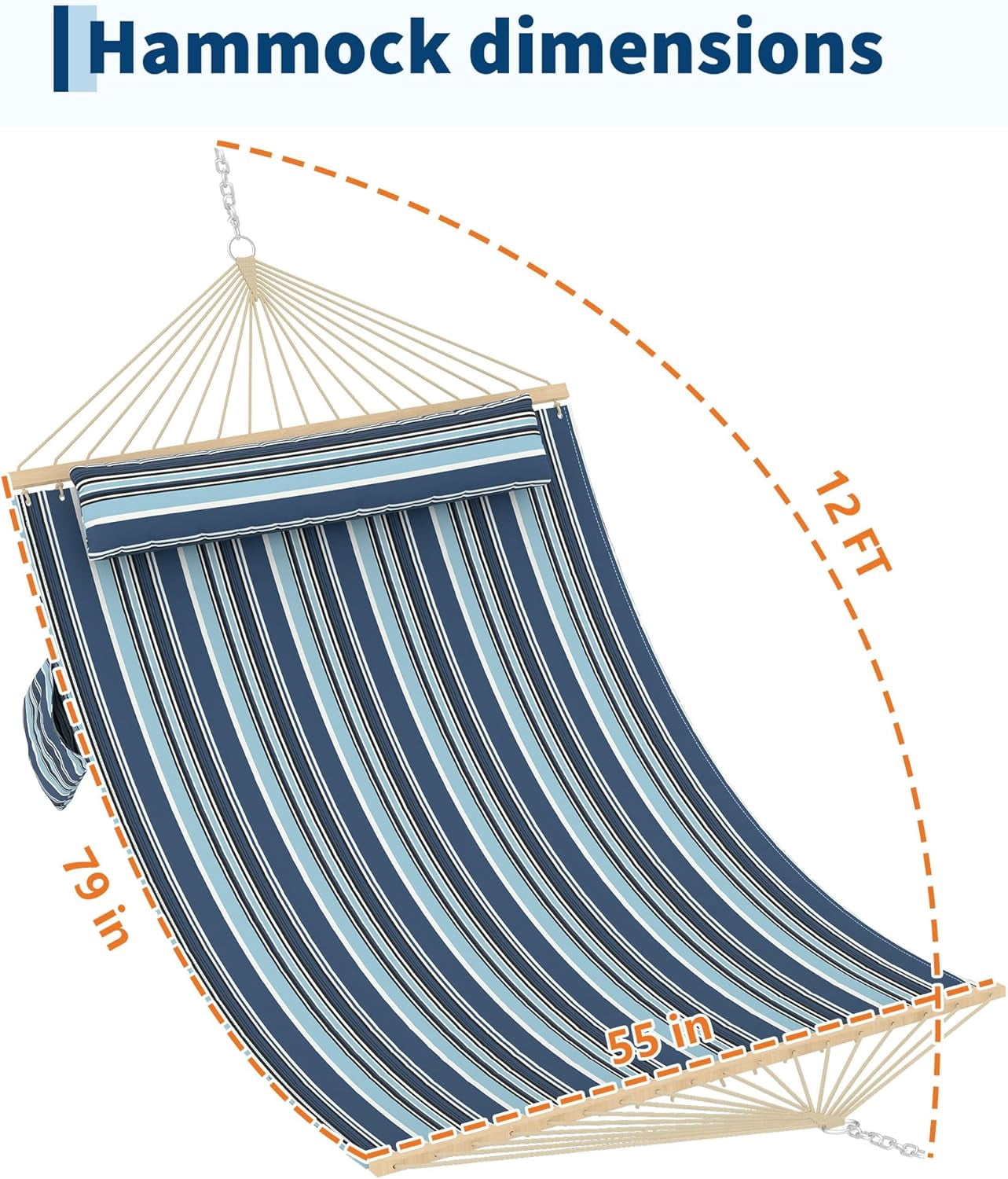 IdealHouse Comfortable 2 Person Quilted Hammock with Hardwood Spreader Bars & Pillow – 450lbs Capacity – Ideal for Patio, Backyard – Double Outdoor Hammock – Dark and Light Blue Stripes