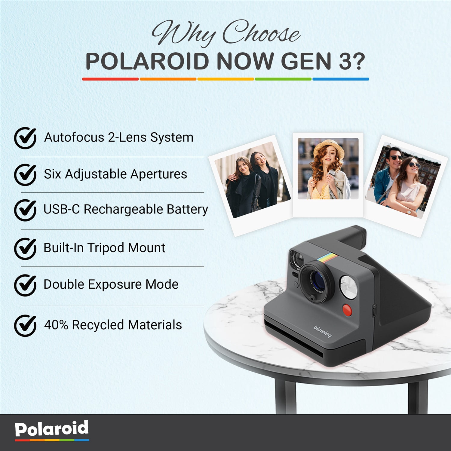 Polaroid, Now Generation 3 Instant Camera, Black, Bundle with Film 