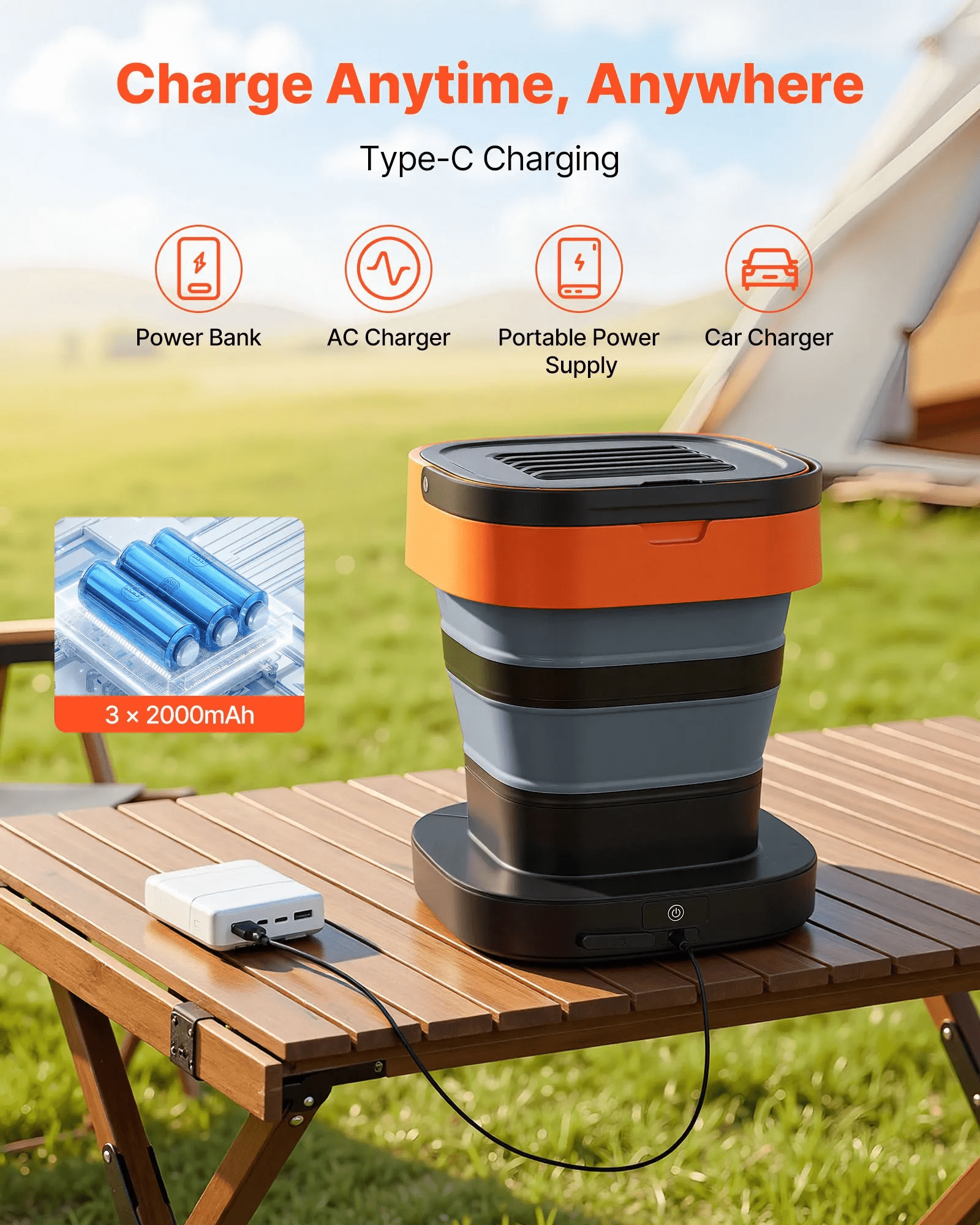 Portable Cordless Pressure Washer with 2.64 Gal Tank, Foldable Power Washer 109 Max PSI 0.79 Max GPM, 3 Nozzles,Flexible 78.7 in Hose, Type-C Charging, for Bike Cleaning, Patio, Camping, Garden