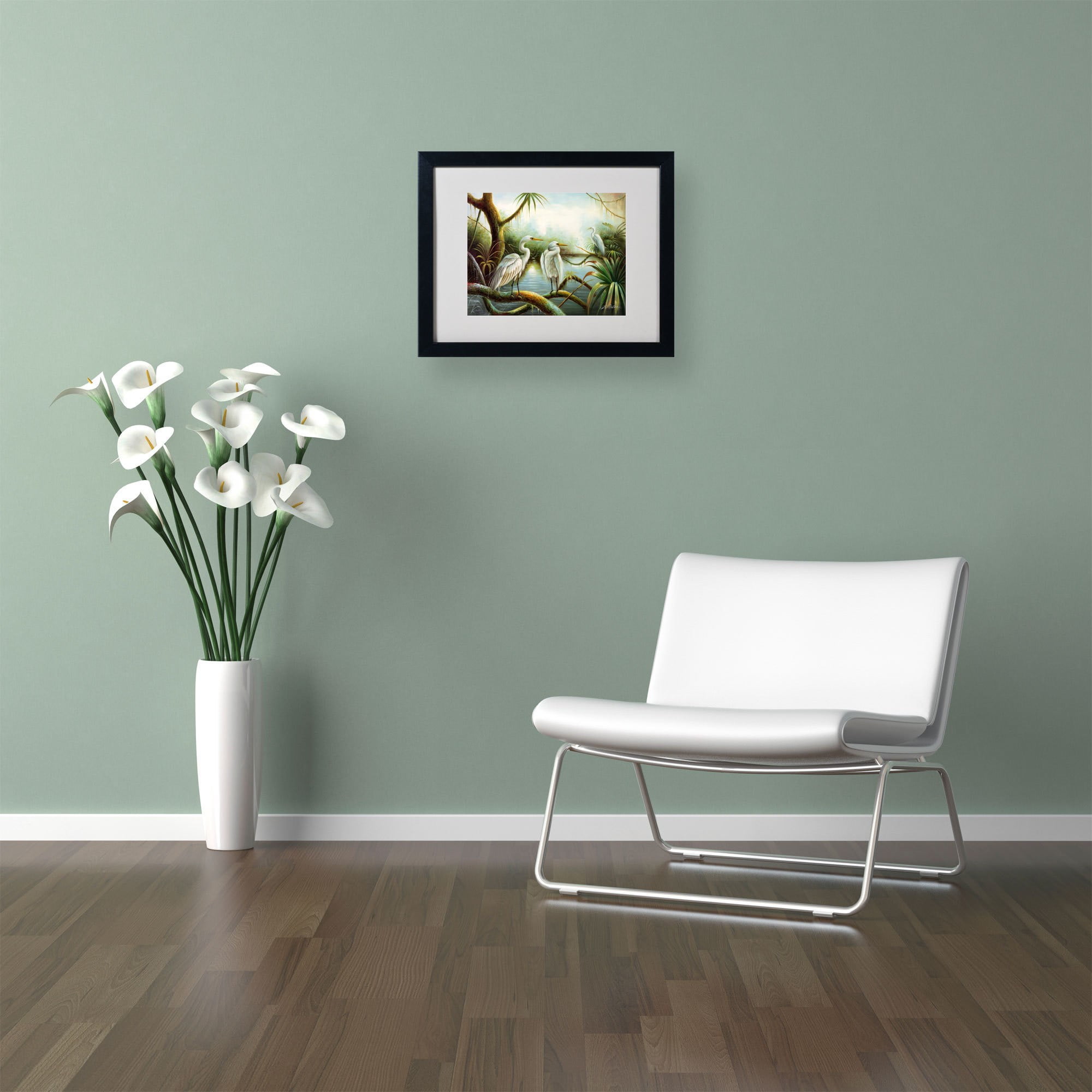 Trademark Fine Art "Three Herons" Canvas Art by Victor Giton, Black Frame