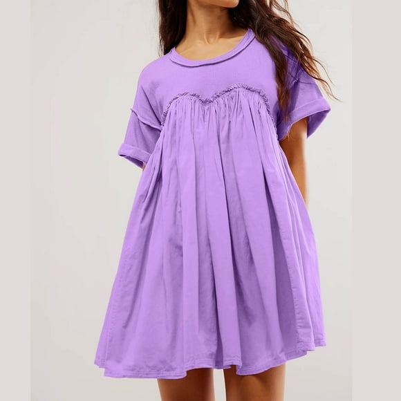 Hot6sl Summer Savings Clearance Short Sleeve Round-Neck Blouses & Shirts,Fashion Women's Casual Short Sleeved Round Neck Blouses Pleated Solid Color Patchwork Top Dress,Women Blouse|Purple,XL