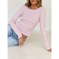 thumbnail image 5 of Women'S Summer Fall Long Sleeve Boat Neck Stripe Shirts Casual Slim Fit Backless Rib Knit Tops Pink XL, 5 of 9