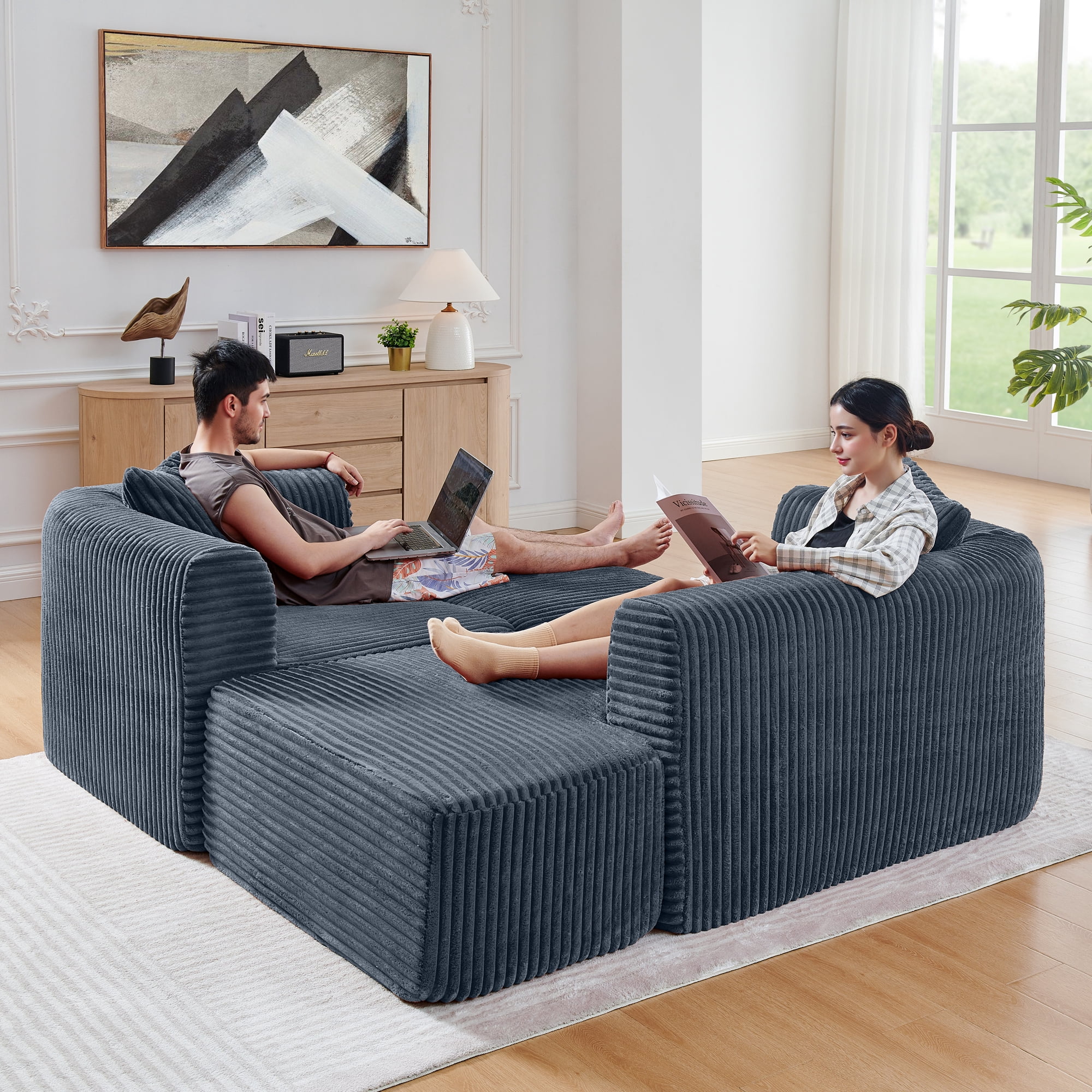 Leumius 114" Cloud Sectional Couch with L-Shape Chaise,Upholstered Corduroy Modular Sofa with Movable Ottoman for Living Room Bedroom, No Assembly Required,Grey