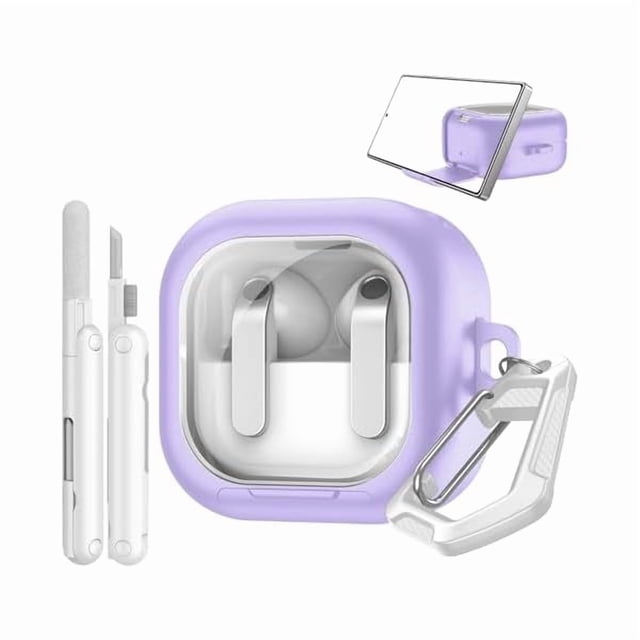 Chenchen Clear Case for Galaxy Buds 4 & Galaxy Buds 4 Pro (2026) with Secure Lock, TPU Hard Shell Transparent Cover for Samsung Buds 4 Pro with Phone Stand Function, Cleaning Kit & Keychain, Purple