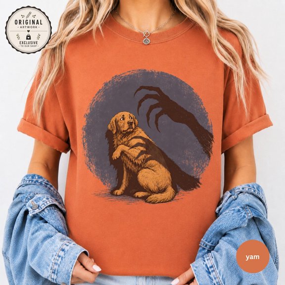 Golden Retriever Halloween T Shirt, Spooky Shadow Hand Vintage Tee, Frightened Dog Horror Graphic Top