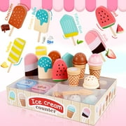 Wooden Ice Cream Toys for Toddlers, Kids Wooden Toys Play Kitchen Accessories, Play Food Sets for Kids Kitchen, Pretend Play Toys Gifts for 3 4 5 Year Old Girls Boys Birthday
