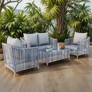 ModFusion Indoor Outdoor Patio Wicker Sofa Set, 4-Piece Furniture with Loveseat, 2 Armchairs & Coffee Table, All-Weather Rattan with Cushions for Garden & Porch, Gray