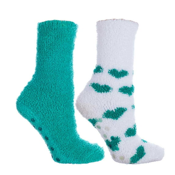 MinxNY Women's Non-Skid Warm Soft and Fuzzy Lavender Infused 2-Pair Pack Slipper Socks with Lavender Sachet Gift, Hearts, Green