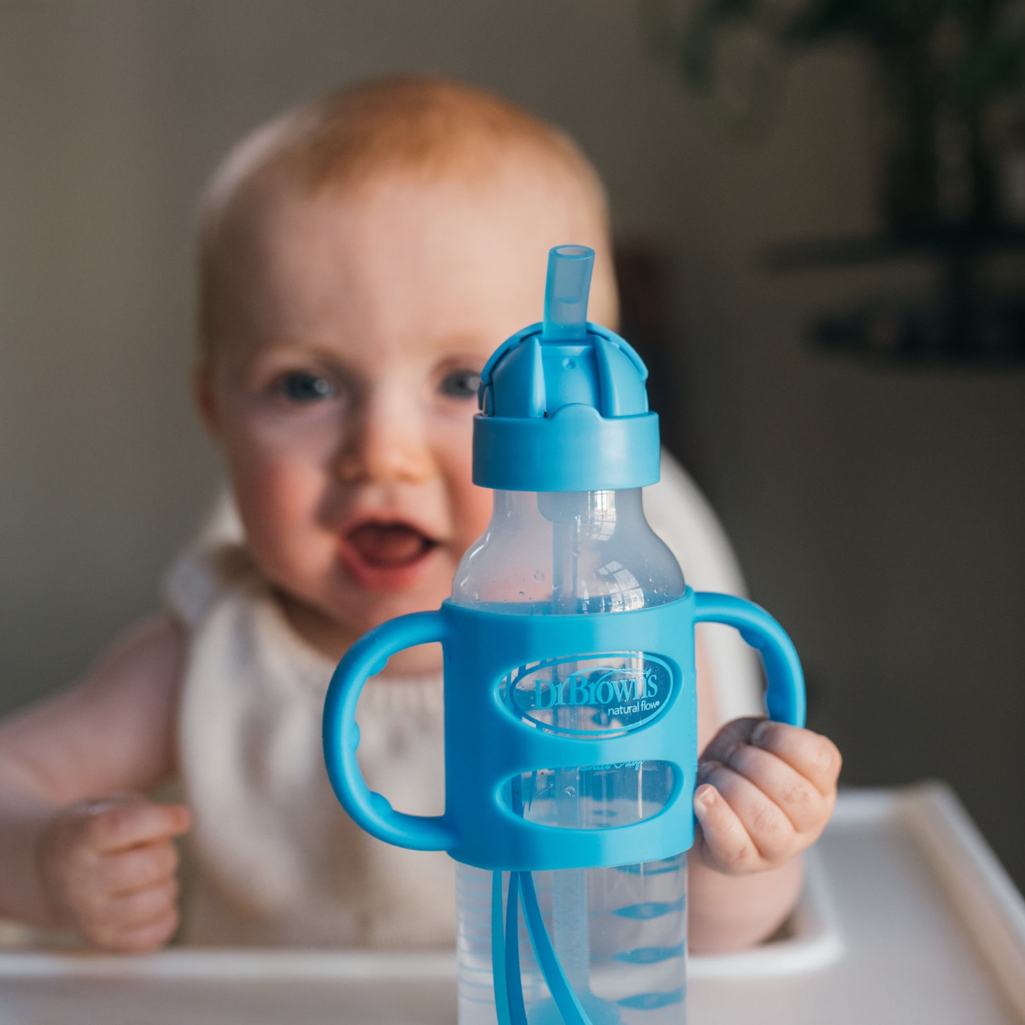 Dr. Brown's Milestones Narrow Sippy Straw Bottle, 100% Silicone Handles, 8oz/250ml, Blue/Gray 2 Pack