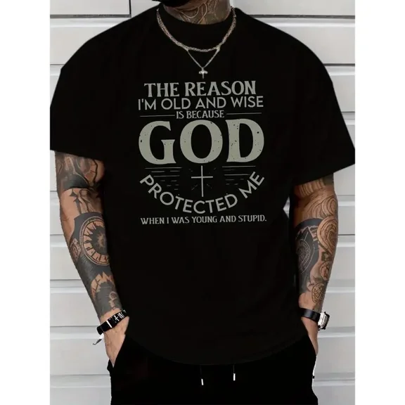 Men's Cotton Crew Neck Short Sleeve Graphic T-Shirt, God Bless Me Letter Print Casual Everyday Summer Tee