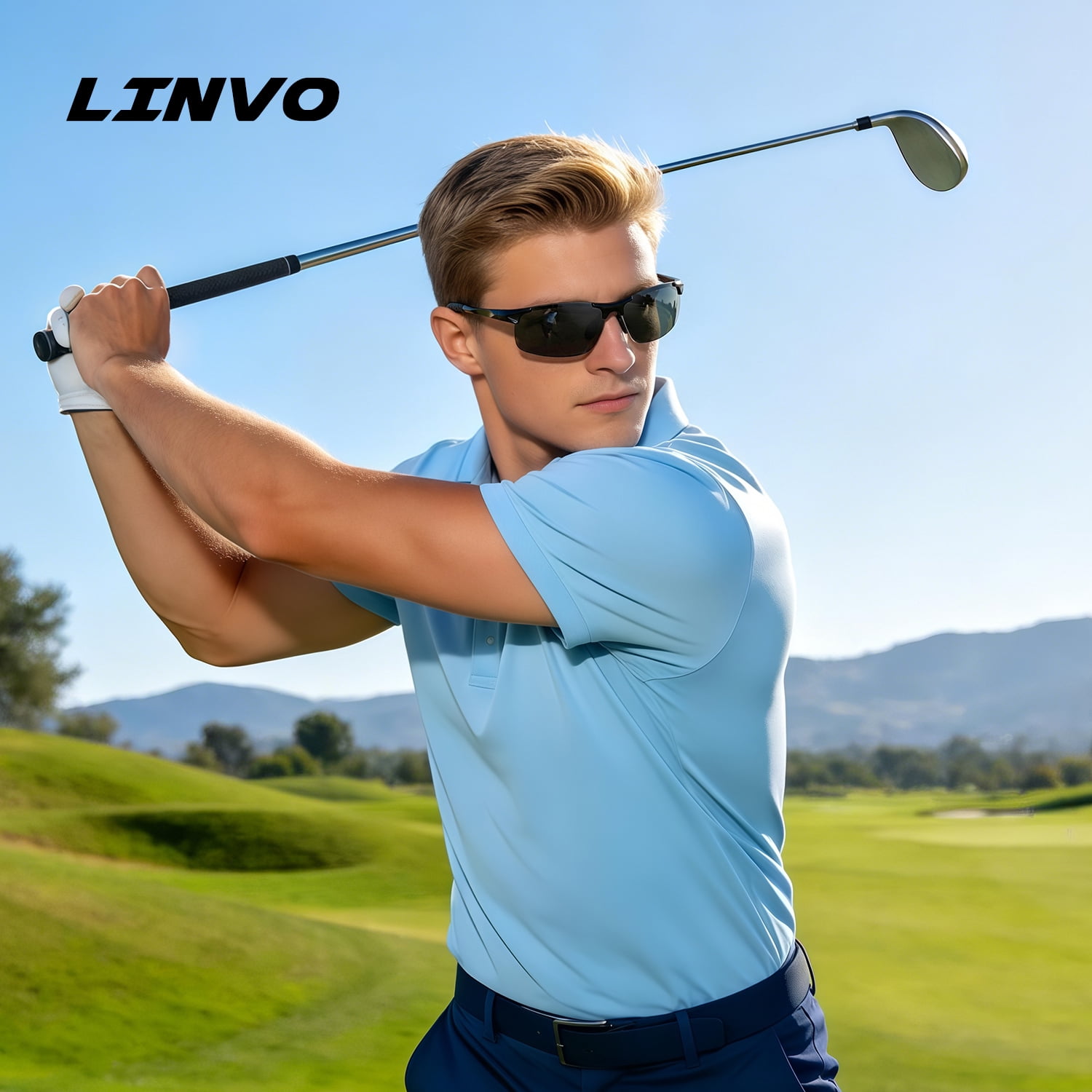 LINVO Polarized Sports Sunglasses for Men Ultralight Al-Mg Metal Frame for Driving Golfing Fishing Cycling UV Protection