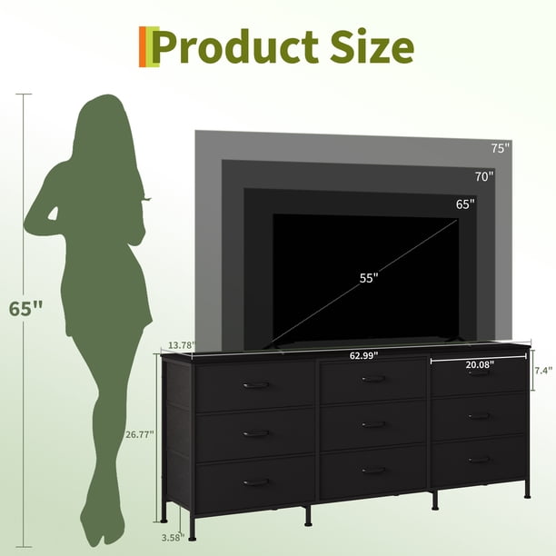 Almacenamiento versátil + Cajonera ancha de 9 cajones de tela – Estructura metálica y superficie de madera – Para dormitorio, salón, pasillo o mueble TV – 160×68×35 cm – Color negro