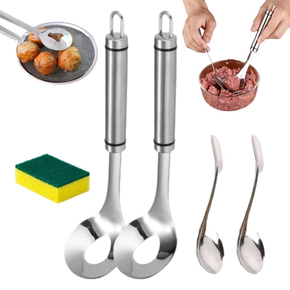 Meatball Maker Spoon, Stainless Steel Meatball Spoon, Easy Meatball Shaping, Non-Stick Scoop, Hanging Loop Handle, Includes Sponge, Kitchen Cooking Tool
