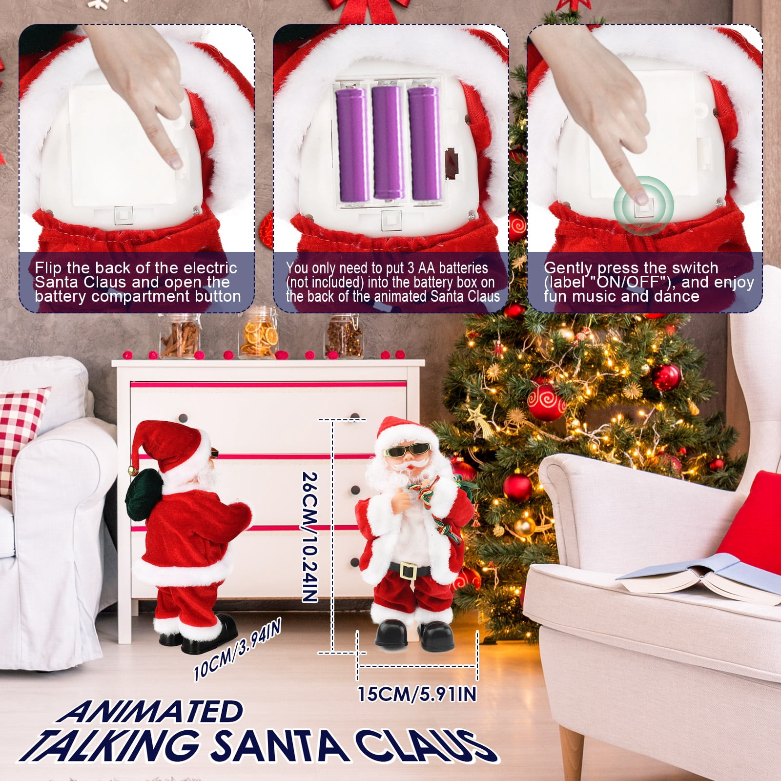 Belly Shaking Singing Dancing Santa Claus Toy with Music, Musical Christmas Decoration Playing Jingle Bells with Bouncing Glasses