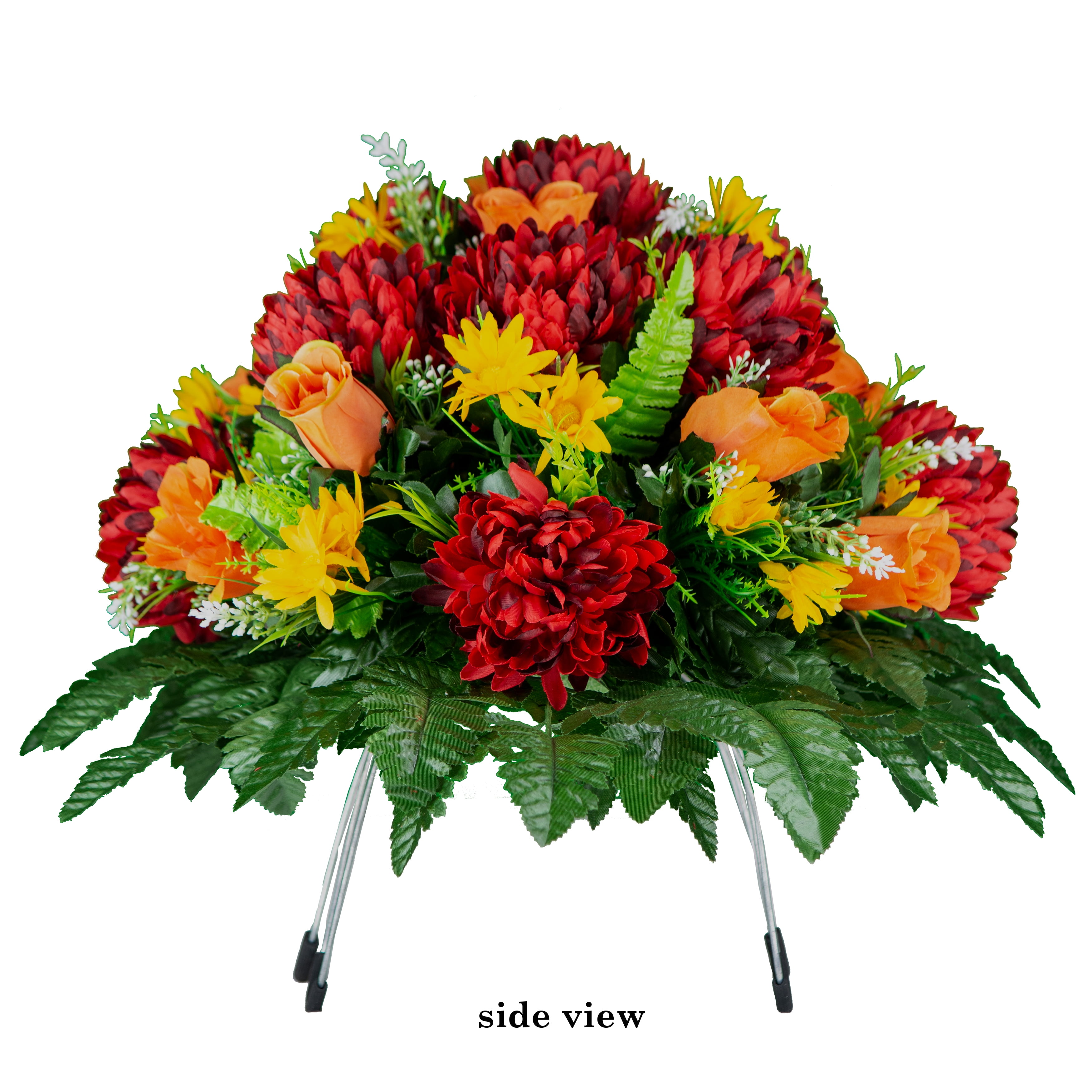 Sympathy Silks Artificial Cemetery Flowers - Burgundy Mum and Orange Rose Saddle for Headstone