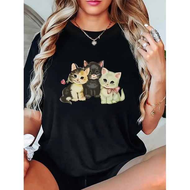 Camiseta De Mujer De Verano Ligera Básica Para Mochilero, Camping, CaminarWomen'S Casual Crew Neck Short Sleeve T-Shirt, Polyester Knit Fabric with Medium Stretch, Animal Pattern, with Cat Print, fo