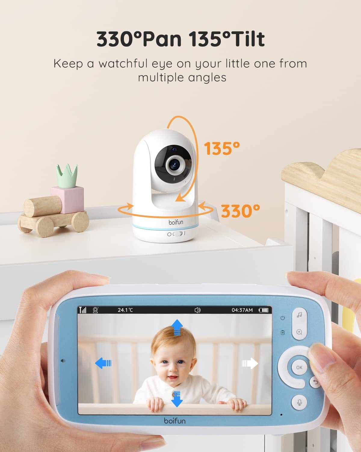 BOIFUN Video Baby Monitor with Camera and Audio,NO WIFI,5 inch IPS Display,1500ft Range,3X Zoom,Auto Night Vision,2-Way Talk,VOX,Temperature