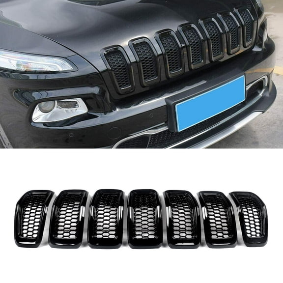 7Pcs Front Bumper Grille Inserts Honeycomb Style Mesh Gloss Black For 2014-2018 Jeep Cherokee