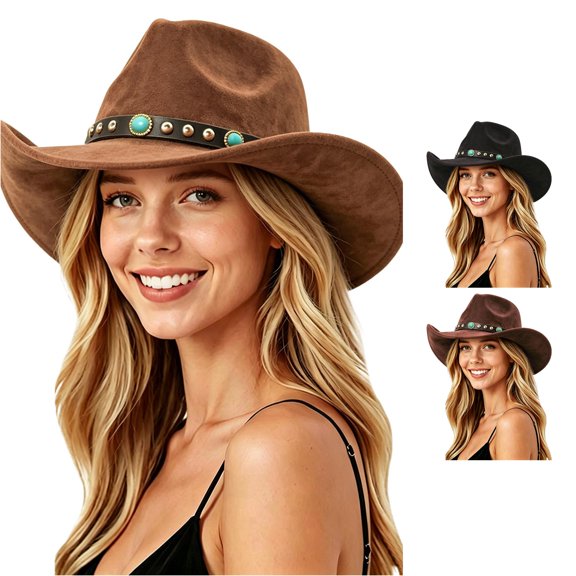 XIAOCHA Turquoise Accent Suede Cowboy Hat for Womens Wide Brim Outdoor Rodeo Cowgirlhat Farm Western Hat,Coffee